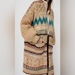 Anthropologie Lily Longline Cardigan 1X Women's Beige and Teal Patterned Sweater